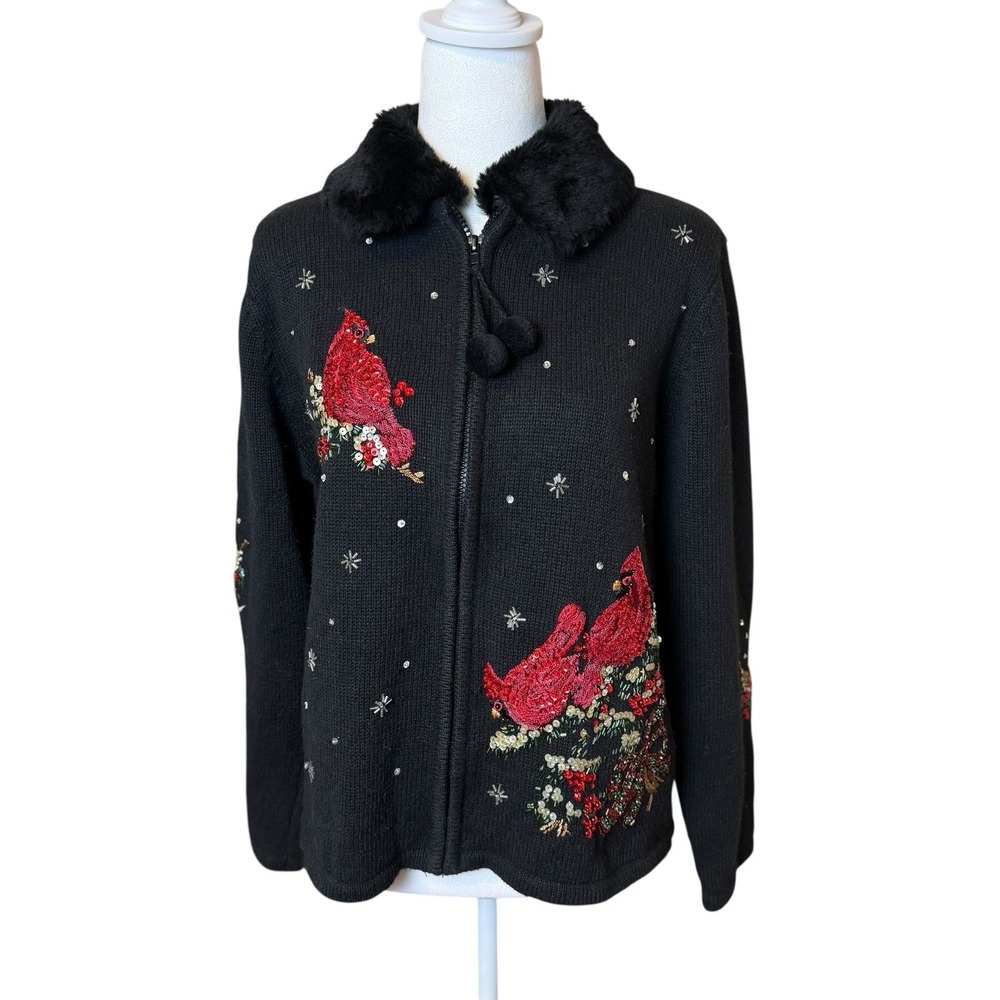 Carly‎ St Claire Cardinal Sweater Red Birds Medium Sequins Beads Faux Fur Collar